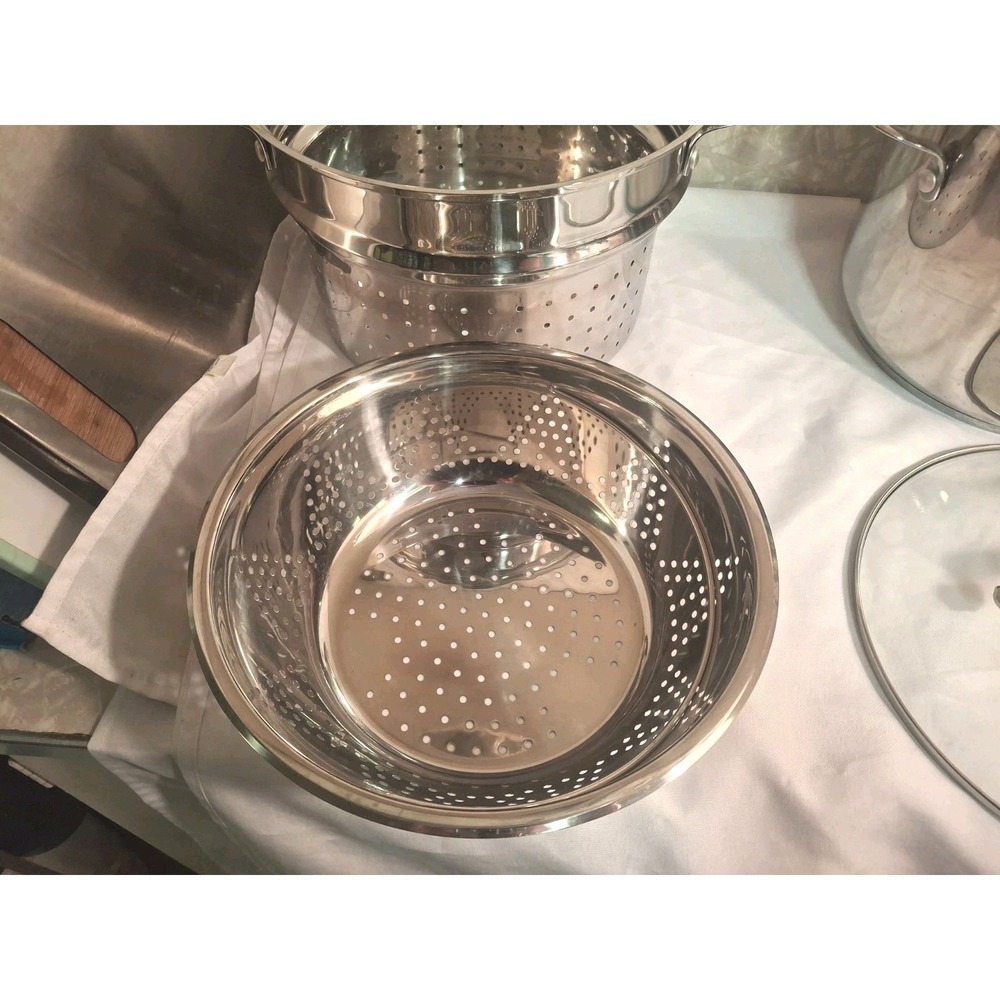 Goodful 8 Quart Big Stockpot 3 Piece Steamer Strainer Colander Steel W Glass Lid - Picture 6 of 8